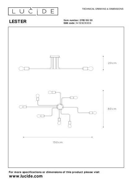 Lucide LESTER - Deckenleuchte - 8xE27 - Schwarz - TECHNISCH